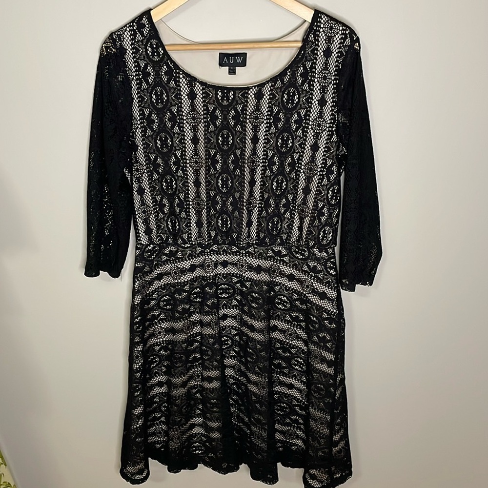 AUW Large A-Line‎ Black Lace Overlay Lined Dress  3/4 Sleeve Lacey Whimsygoth